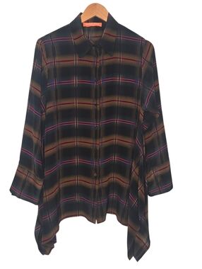 SMARTEEZ Womens Colorful Check Plaid Print Button Up Silk Tunic Blouse Small